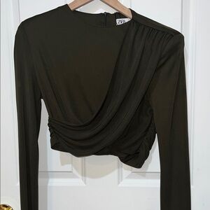 Zara Dark Green Draped Crop Top With Shoulder Padding